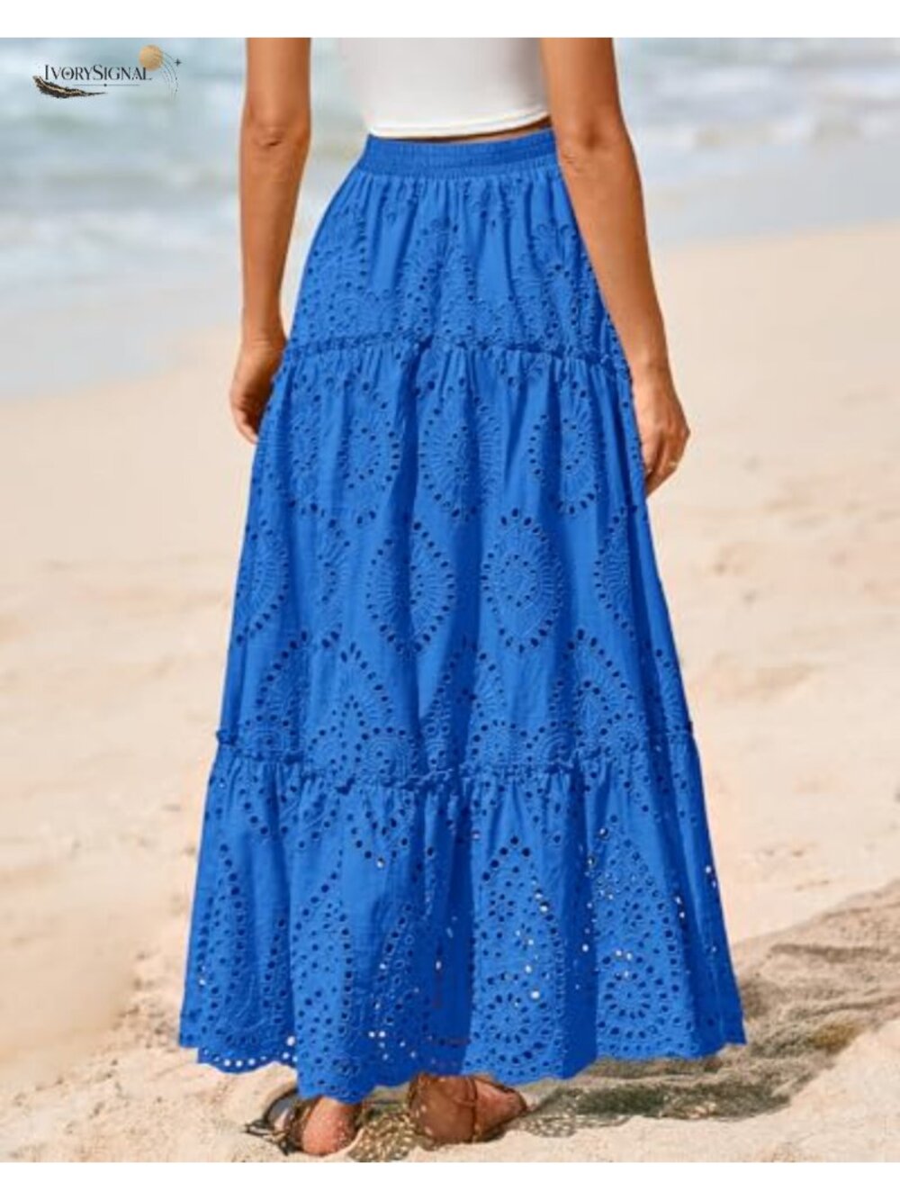 Eyelet Embroidered Maxi Skirt Elastic Waist Flowy A-Line Vacation - Picture 2 of 6